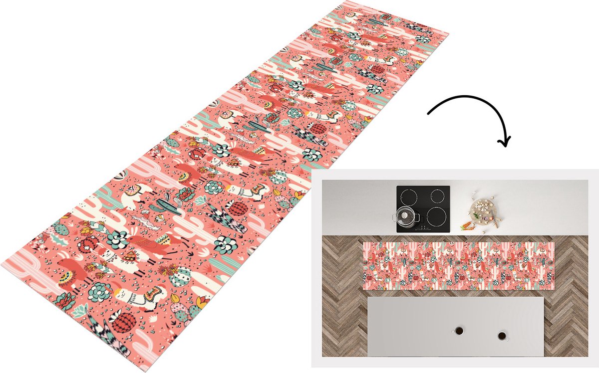KitchenYeah Keukenloper - Loper keuken - Patroon - Jungle - Lama - 240x60 cm - Keukenloper vinyl Multicolor