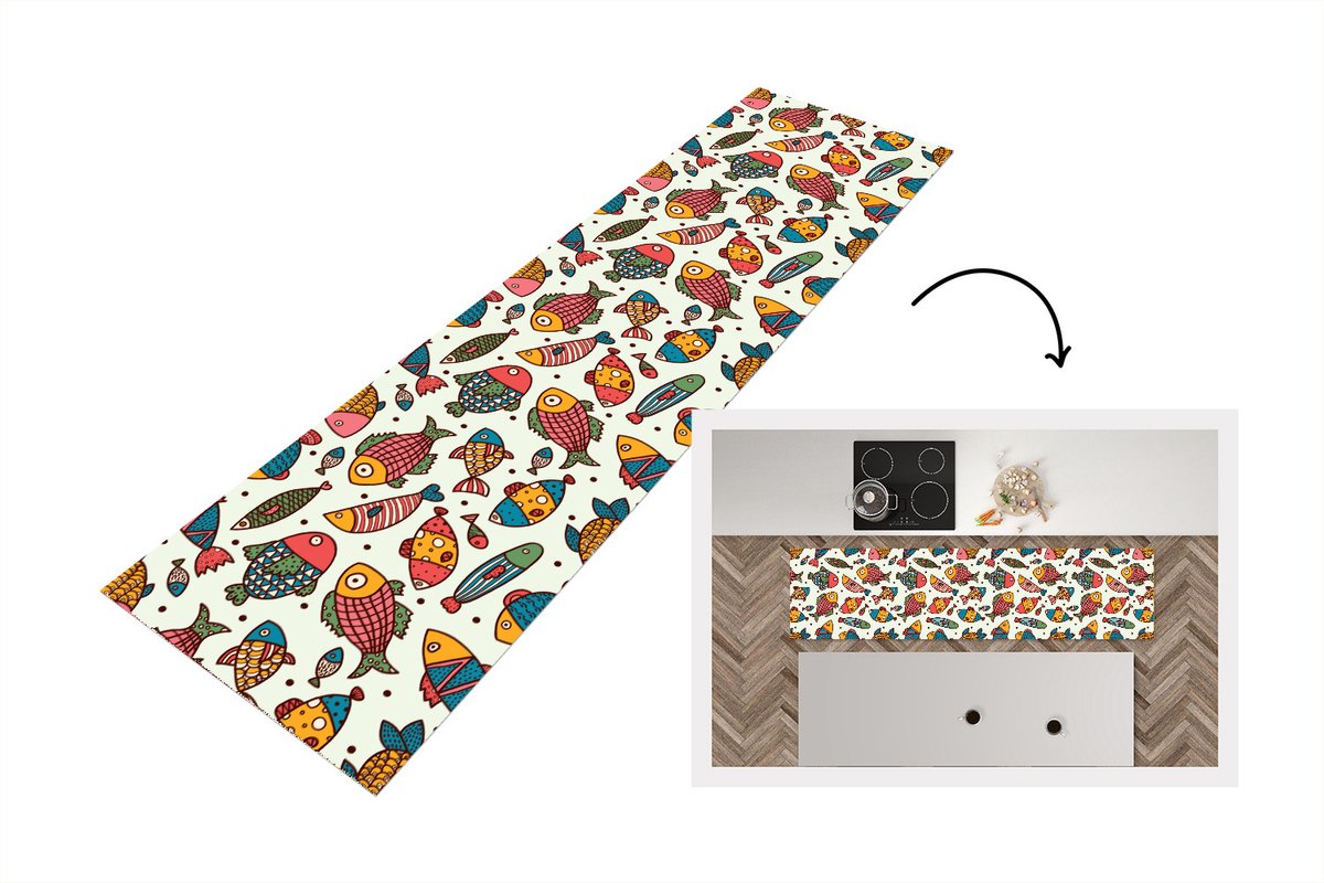KitchenYeah Keukenloper - Loper keuken - Patroon - Zee - Vis - Zeedieren - 240x60 cm - Keukenloper vinyl Multicolor