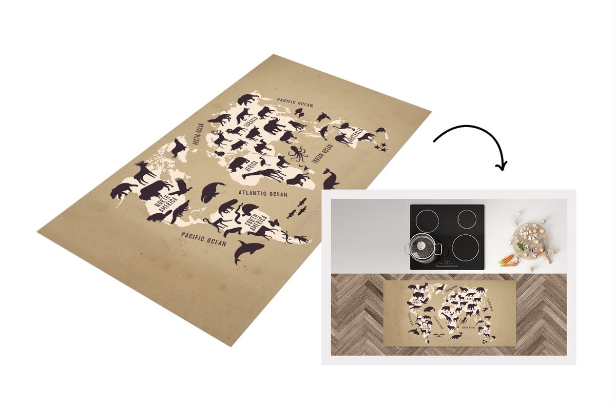 KitchenYeah Keukenloper - Loper keuken - Wereldkaart - Dieren - Schaduw - 120x60 cm - Keukenloper vinyl Multicolor