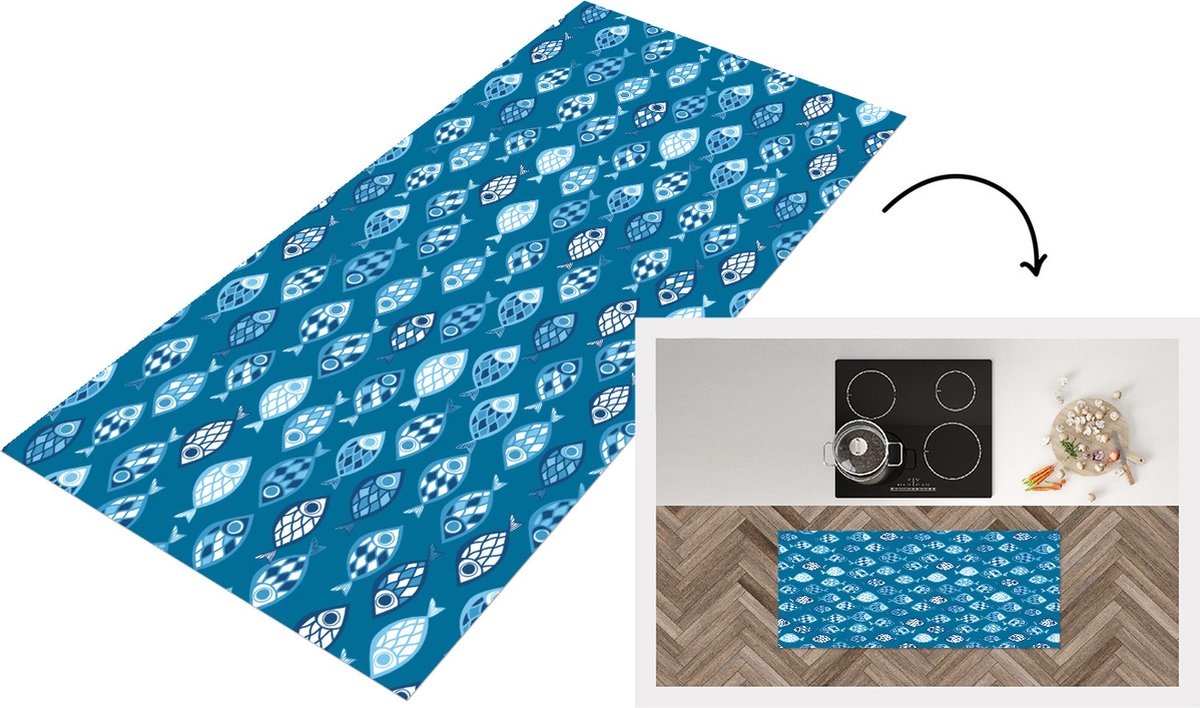 KitchenYeah Keukenloper - Loper keuken - Vissen - Blauw - Patronen - 120x50 cm - Keukenloper vinyl Multicolor