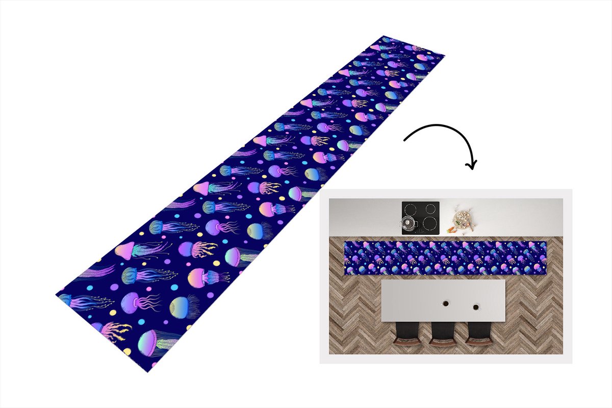 KitchenYeah Keukenloper - Loper keuken - Kwallen - Neon - Patronen - Regenboog - 300x50 cm - Keukenloper vinyl Multicolor