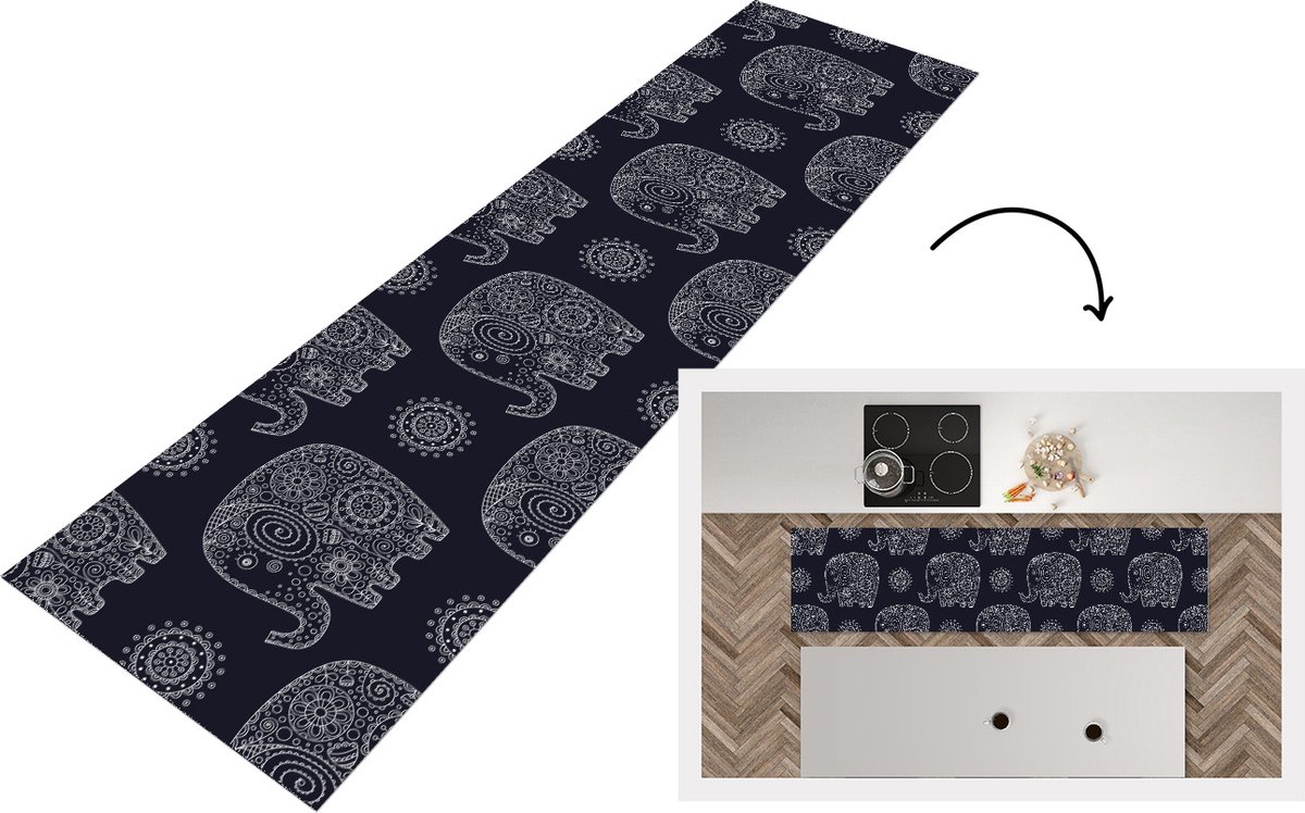 KitchenYeah Keukenloper - Loper keuken - Patroon - Olifant - Bloemen - 240x60 cm - Keukenloper vinyl Multicolor
