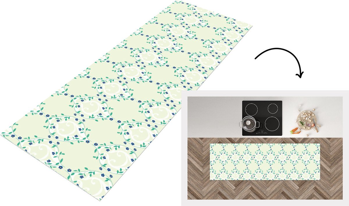 KitchenYeah Keukenloper - Loper keuken - Groen - Blauw - Bloem - Design - Keukenloper vinyl, foto 4