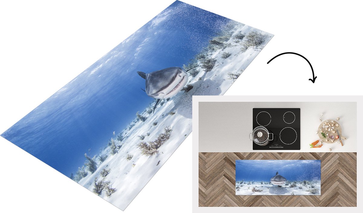 KitchenYeah Keukenloper - Loper keuken - Aanzwemmende haai - 120x50 cm - Keukenloper vinyl Multicolor