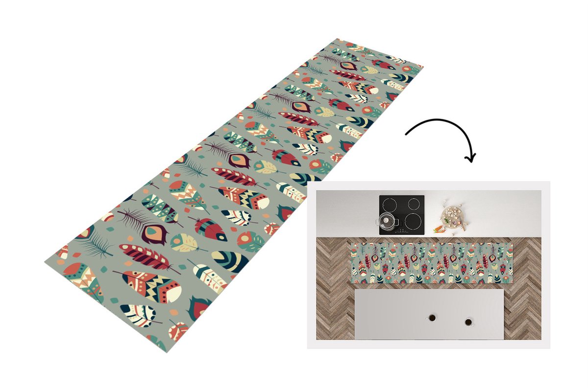 KitchenYeah Keukenloper - Loper keuken - Tieners - Veren - Patronen - 240x60 cm - Keukenloper vinyl Multicolor