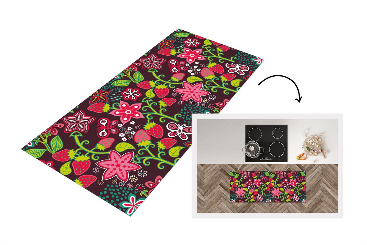 KitchenYeah Keukenloper - Loper keuken - Meisjes - Fruit - Bloemen - Patronen - 120x50 cm - Keukenloper vinyl Multicolor