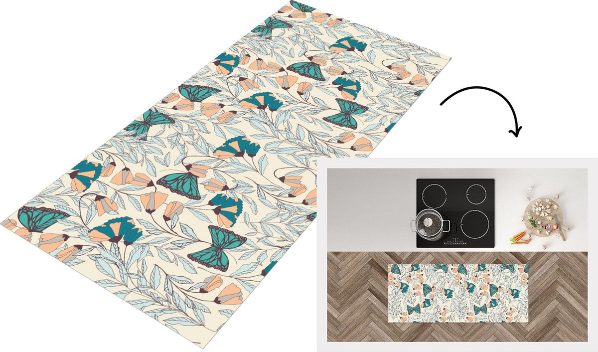 KitchenYeah Keukenloper - Loper keuken - Meisjes - Vlinder - Bloemen - Patronen - 120x50 cm - Keukenloper vinyl Multicolor