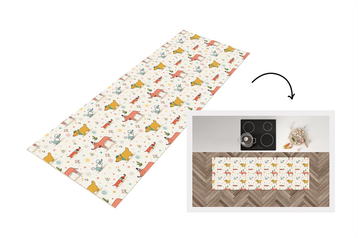KitchenYeah Keukenloper - Loper keuken - Hond - Teckel - Patronen - Bloemen - 150x50 cm - Keukenloper vinyl Multicolor