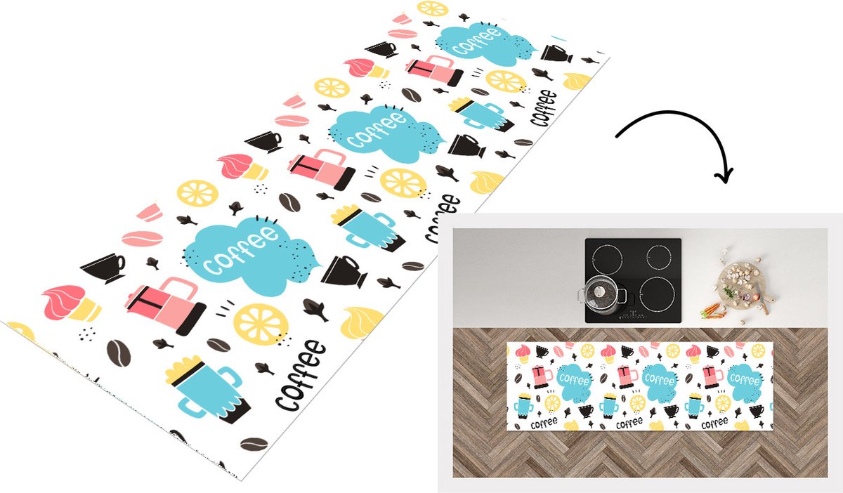 KitchenYeah Keukenloper - Loper keuken - Patronen - Koffiebonen - Koffie - IJs - 150x50 cm - Keukenloper vinyl Multicolor