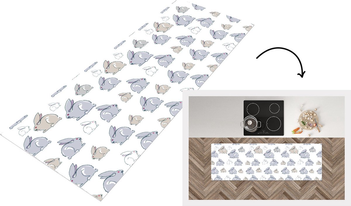 KitchenYeah Keukenloper - Loper keuken - Patroon - Konijn - Oor - 180x60 cm - Keukenloper vinyl Multicolor