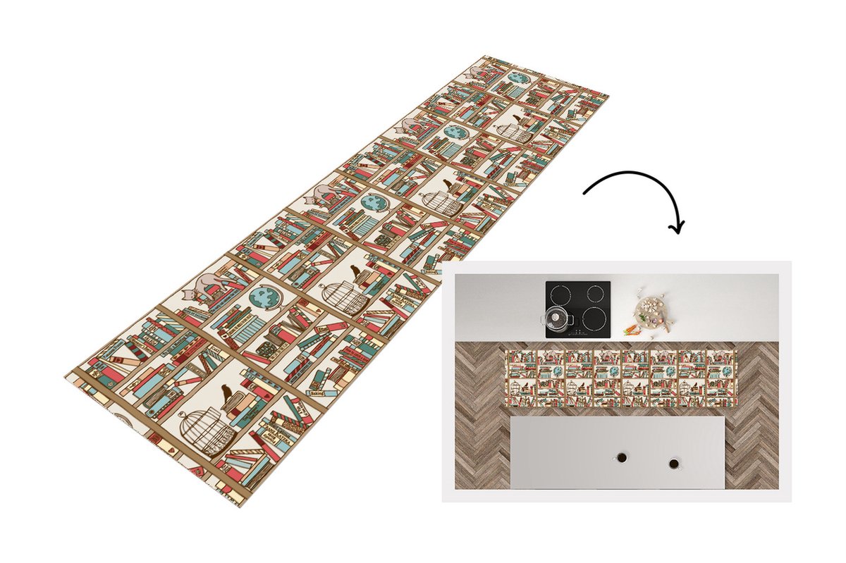 KitchenYeah Keukenloper - Loper keuken - Kat - Boek - Kast - 200x50 cm - Keukenloper vinyl Multicolor