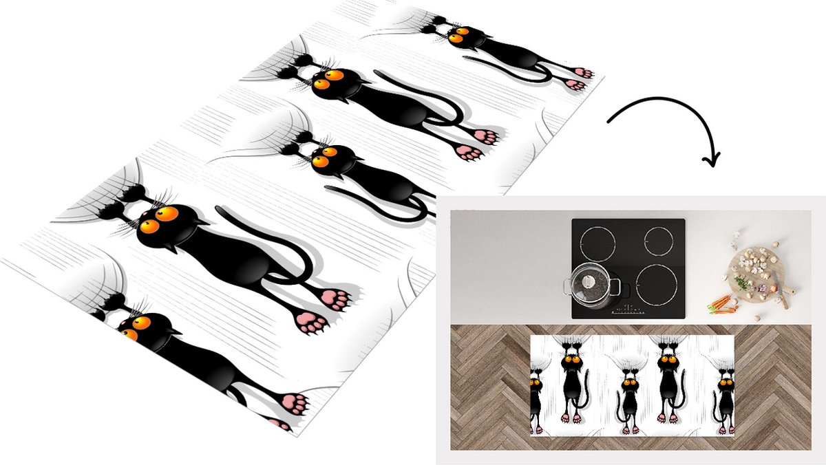 KitchenYeah Keukenloper - Loper keuken - Patroon - Kat - Zwart - 120x60 cm - Keukenloper vinyl Multicolor