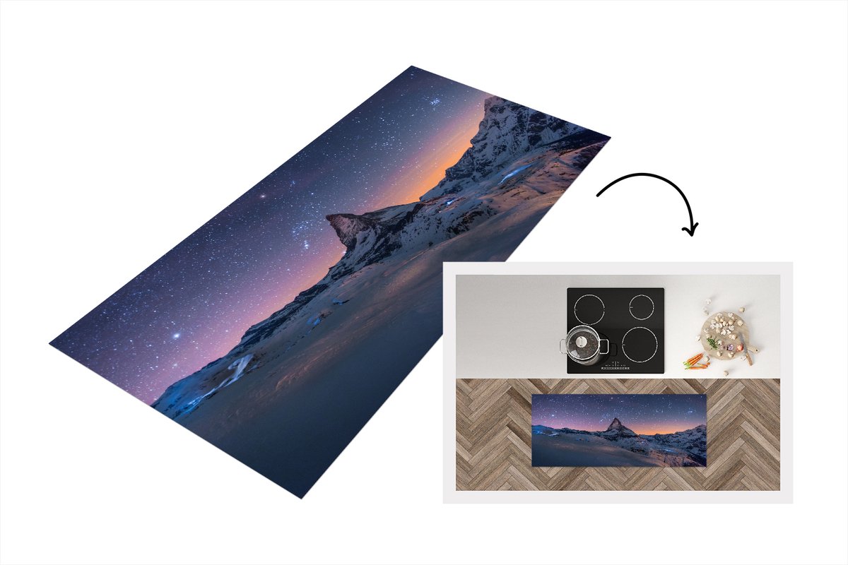 KitchenYeah Keukenloper - Loper keuken - Nacht boven het landschap tijdens de winter van Zwitserse Matterhorn - 120x50 cm - Keukenloper vinyl Multicolor