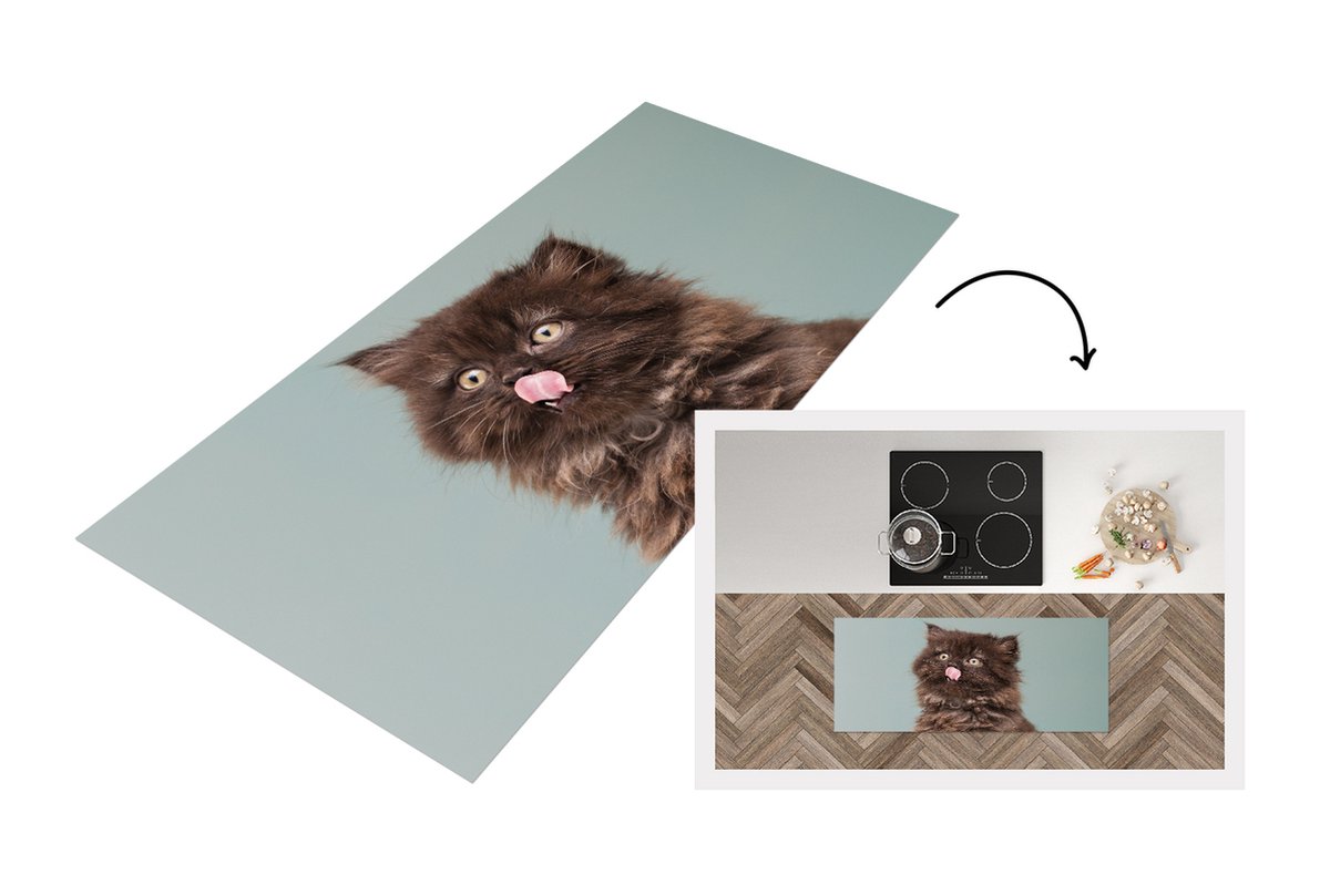 KitchenYeah Keukenloper - Loper keuken - Kitten - Perziche Kat - Tong - 120x50 cm - Keukenloper vinyl Multicolor