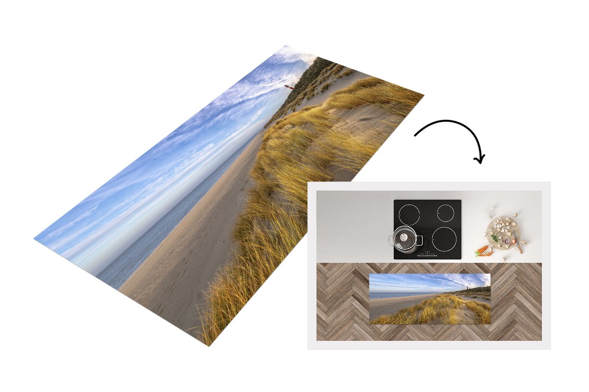 KitchenYeah Keukenloper - Loper keuken - Strand - Lucht - Vuurtoren - 120x50 cm - Keukenloper vinyl Multicolor