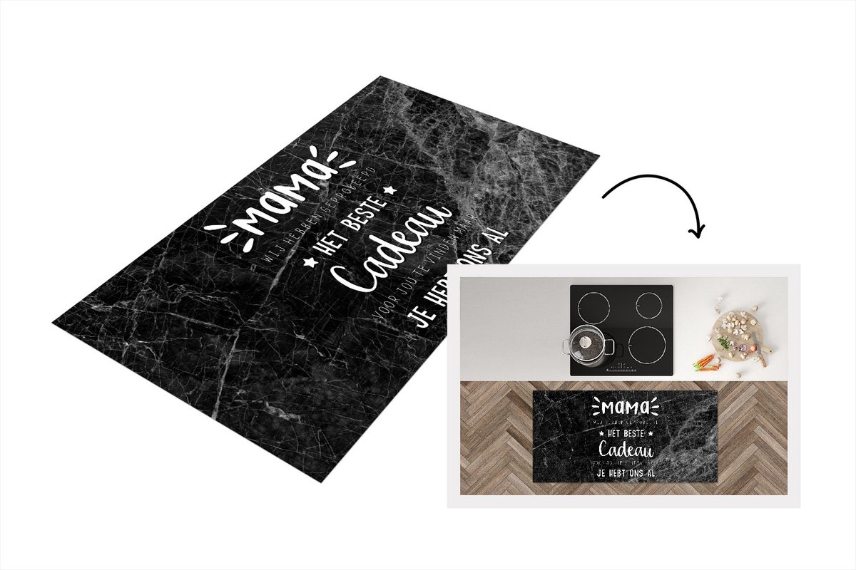 KitchenYeah Keukenloper - Loper keuken - Spreuken - Quotes Mama Je Hebt Ons Al - Kinderen - Marmer - Moeder cadeau - zwart wit - 120x60 cm - Keukenloper vinyl Zwart; Wit