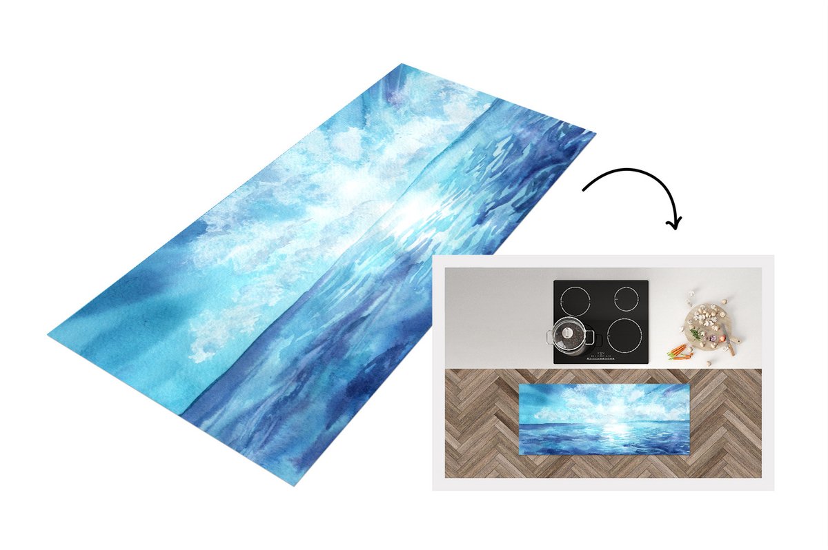 KitchenYeah Keukenloper - Loper keuken - Zee - Zon - Wolken - 120x50 cm - Keukenloper vinyl Multicolor