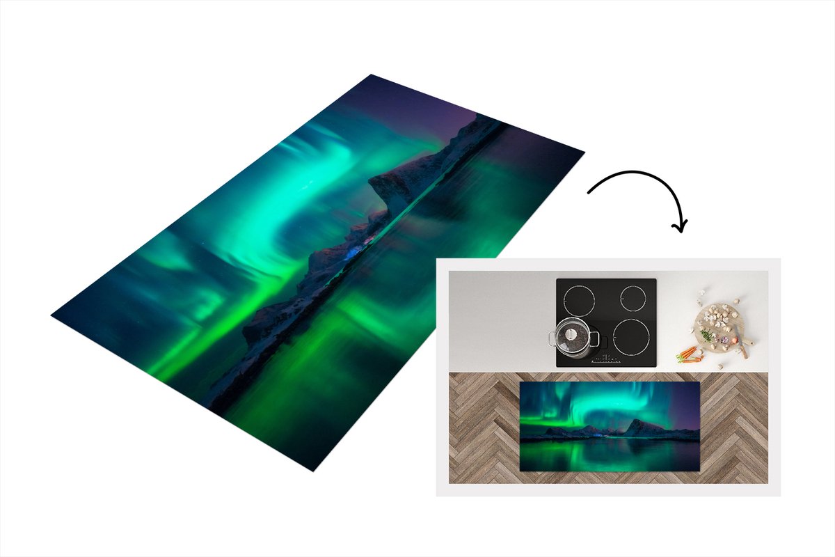 KitchenYeah Keukenloper - Loper keuken - Noorderlicht - Berg - Noorwegen - 120x60 cm - Keukenloper vinyl Multicolor