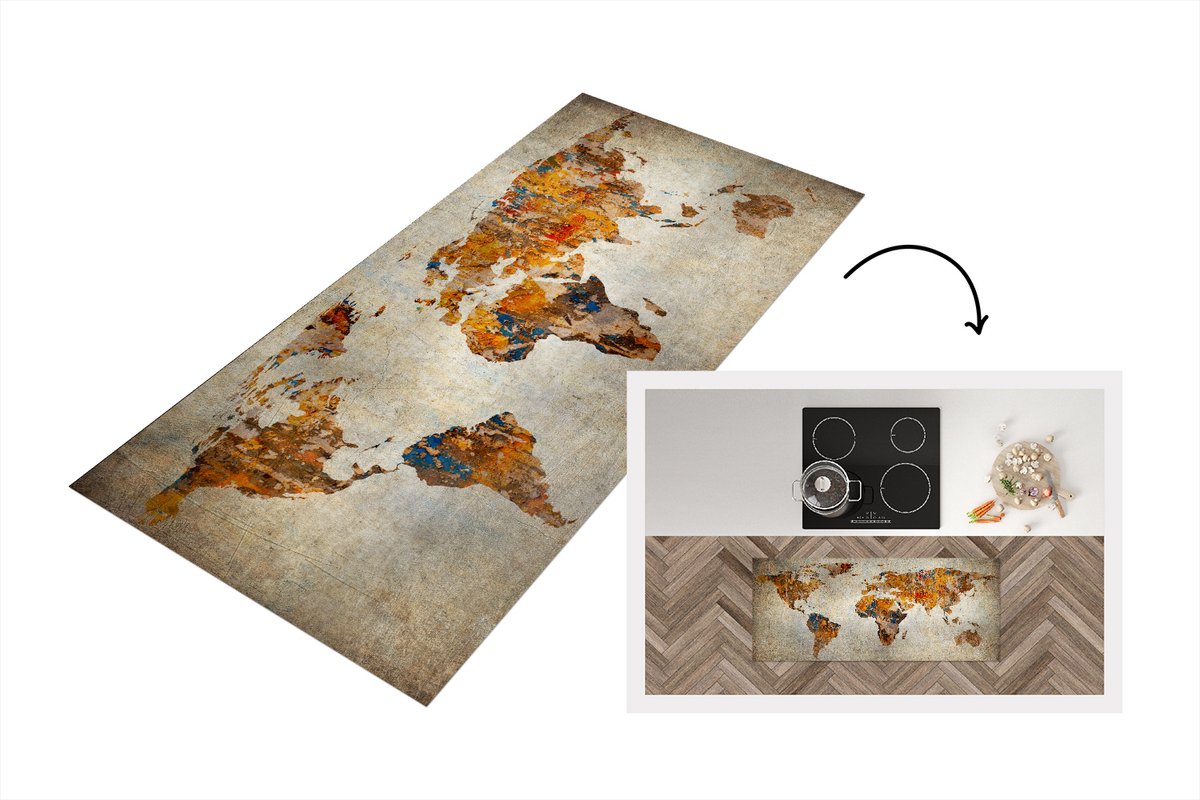 KitchenYeah Keukenloper - Loper keuken - Wereldkaart - Vintage - Abstract - 120x50 cm - Keukenloper vinyl Multicolor