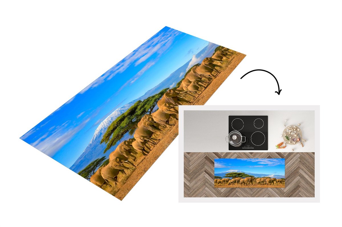 KitchenYeah Keukenloper - Loper keuken - Olifant - Berg - Safari - 120x50 cm - Keukenloper vinyl Multicolor