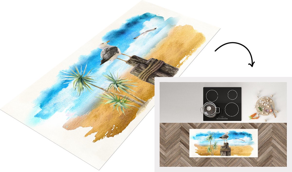 KitchenYeah Keukenloper - Loper keuken - Vogel - Touw - Boom - Strand - 120x50 cm - Keukenloper vinyl Multicolor