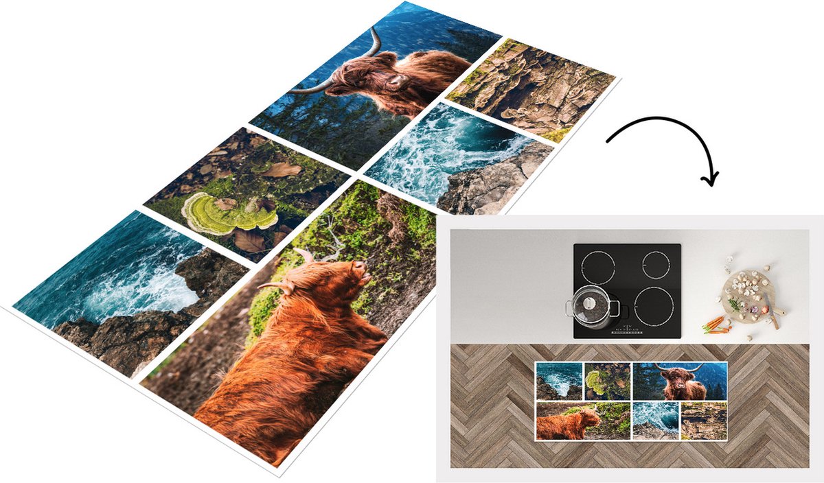 KitchenYeah Keukenloper - Loper keuken - Schotse hooglander - Collage - Zee - Berg - 120x50 cm - Keukenloper vinyl Multicolor