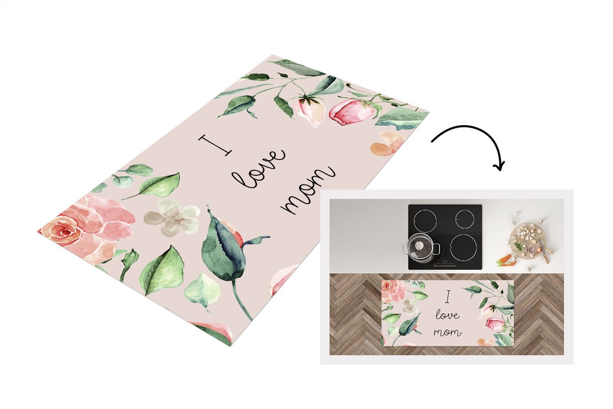 KitchenYeah Keukenloper - Loper keuken - Spreuken - Quotes I Love Mom - Moederdag - Moeder - I love you - Bloemen - 120x60 cm - Keukenloper vinyl Multicolor