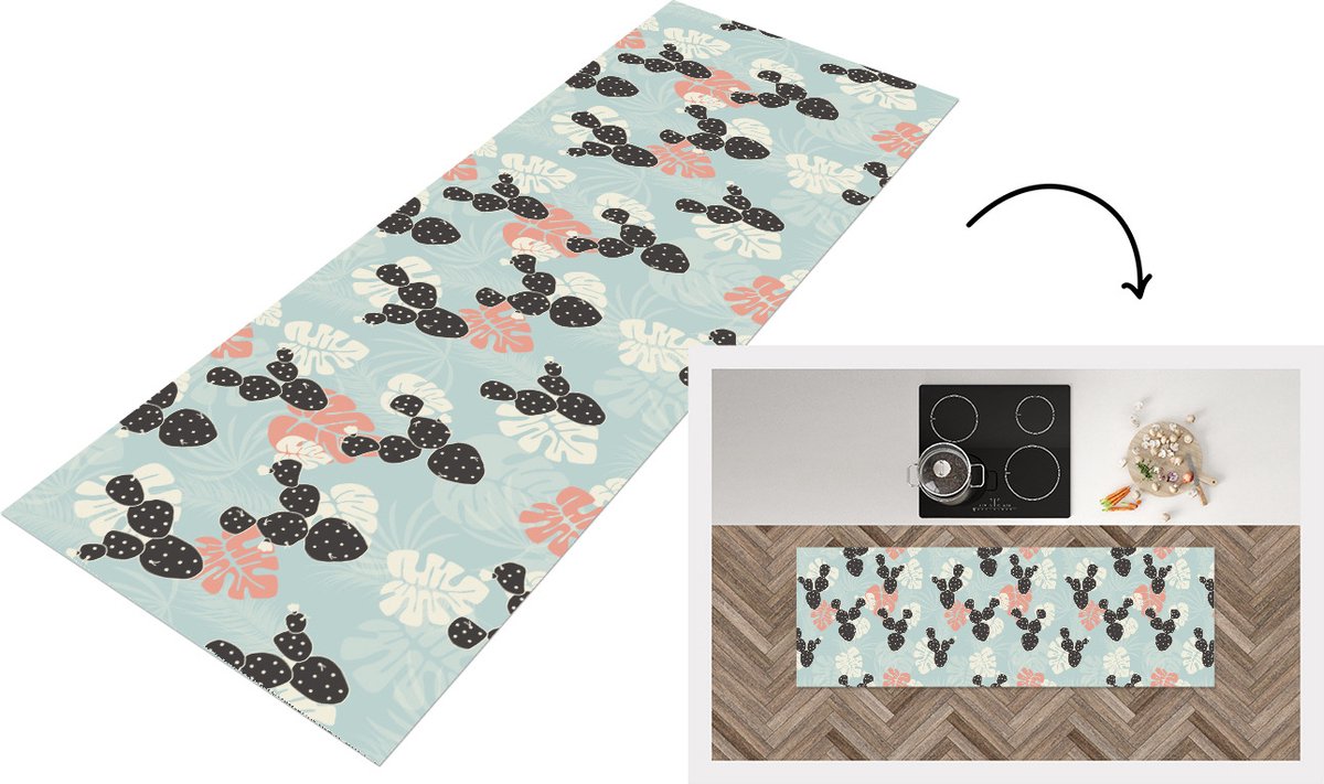 KitchenYeah Keukenloper - Loper keuken - Cactus - Monstera - Patronen - Pastel - Hawaii - 150x50 cm - Keukenloper vinyl Multicolor