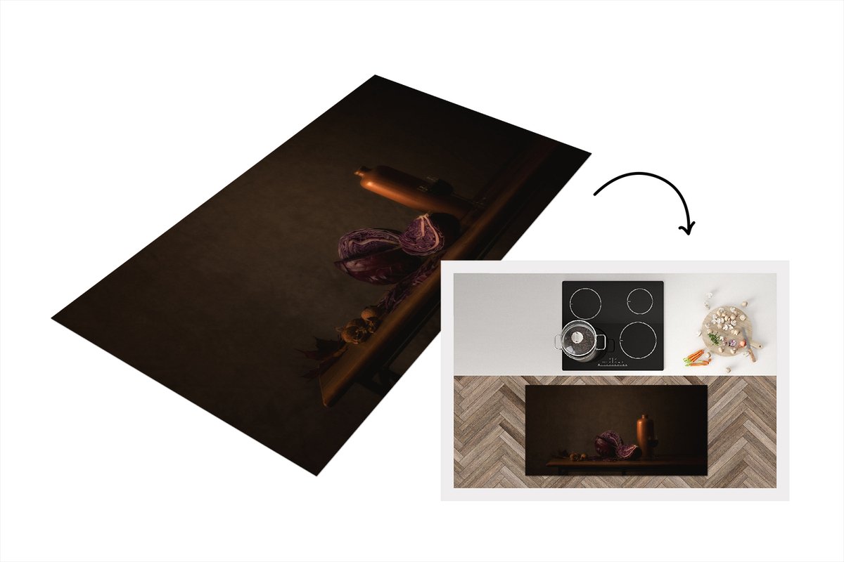 KitchenYeah Keukenloper - Loper keuken - Stilleven - Rode Kool - Tafel - Schilderij - Vaas - Donker - Kunst - 120x60 cm - Keukenloper vinyl Multicolor