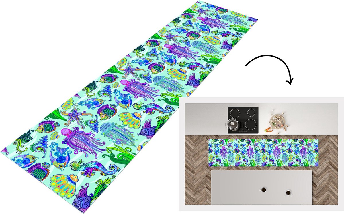 KitchenYeah Keukenloper - Loper keuken - Dieren - Regenboog - Vissen - Patronen - 200x50 cm - Keukenloper vinyl Multicolor
