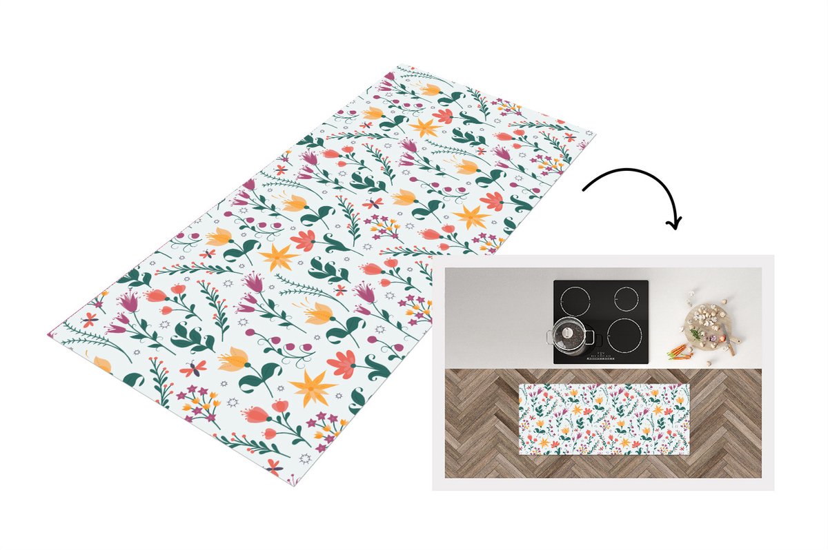 KitchenYeah Keukenloper - Loper keuken - Patronen - Bloemen - Bladeren - 120x50 cm - Keukenloper vinyl Multicolor