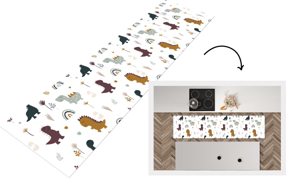 KitchenYeah Keukenloper - Loper keuken - Patronen - Jongens - Dino - 200x50 cm - Keukenloper vinyl Multicolor