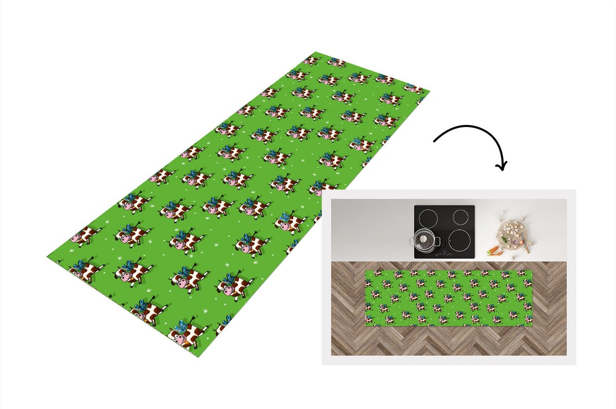 KitchenYeah Keukenloper - Loper keuken - Koe - Vleugels - Patronen - Kind - 180x60 cm - Keukenloper vinyl Multicolor