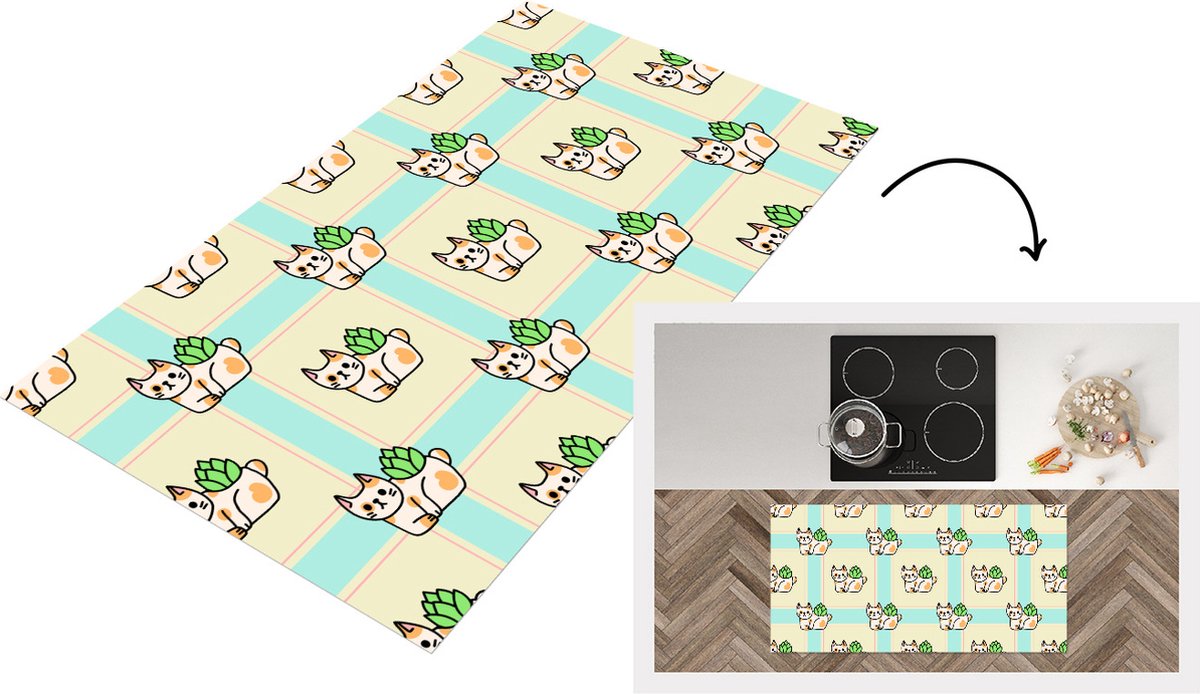 KitchenYeah Keukenloper - Loper keuken - Katten - Planten - Pastel - Kind - Patroon - 120x60 cm - Keukenloper vinyl Multicolor
