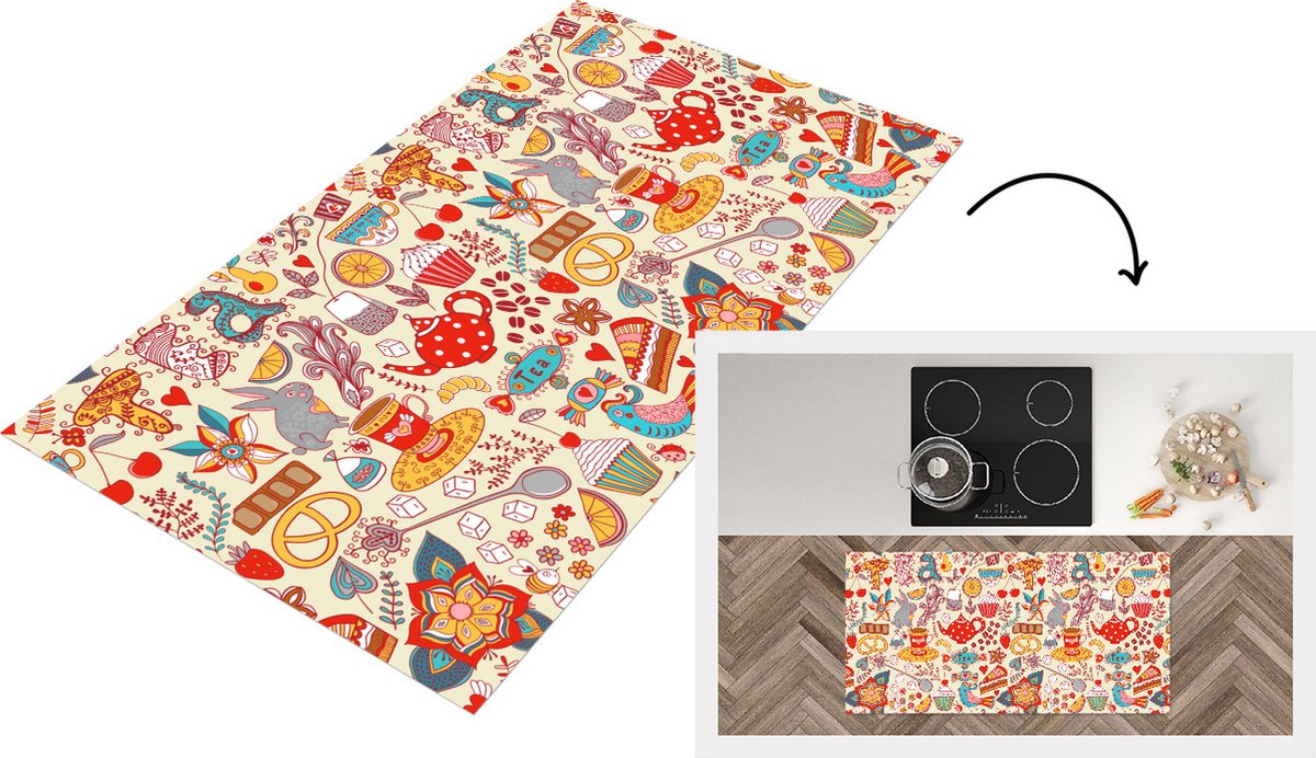 KitchenYeah Keukenloper - Loper keuken - Thee - Dieren - Snoepgoed - Regenboog - Patronen - 120x60 cm - Keukenloper vinyl Multicolor