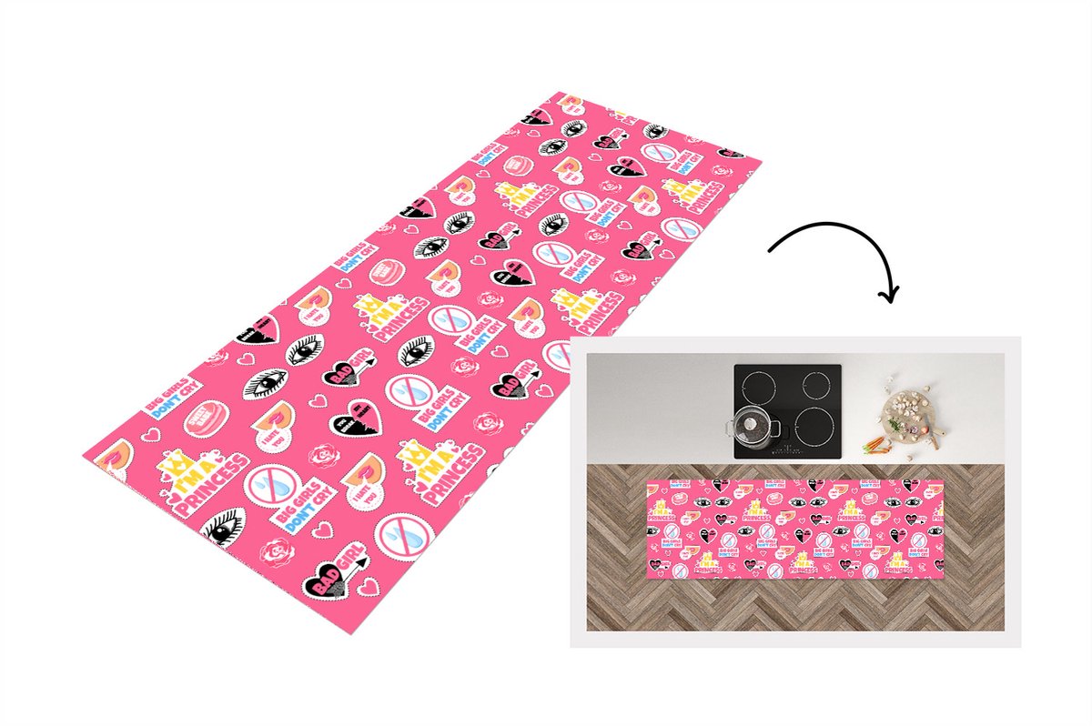 KitchenYeah Keukenloper - Loper keuken - Meisjes - Roze - Prinses - Patroon - 180x60 cm - Keukenloper vinyl Multicolor