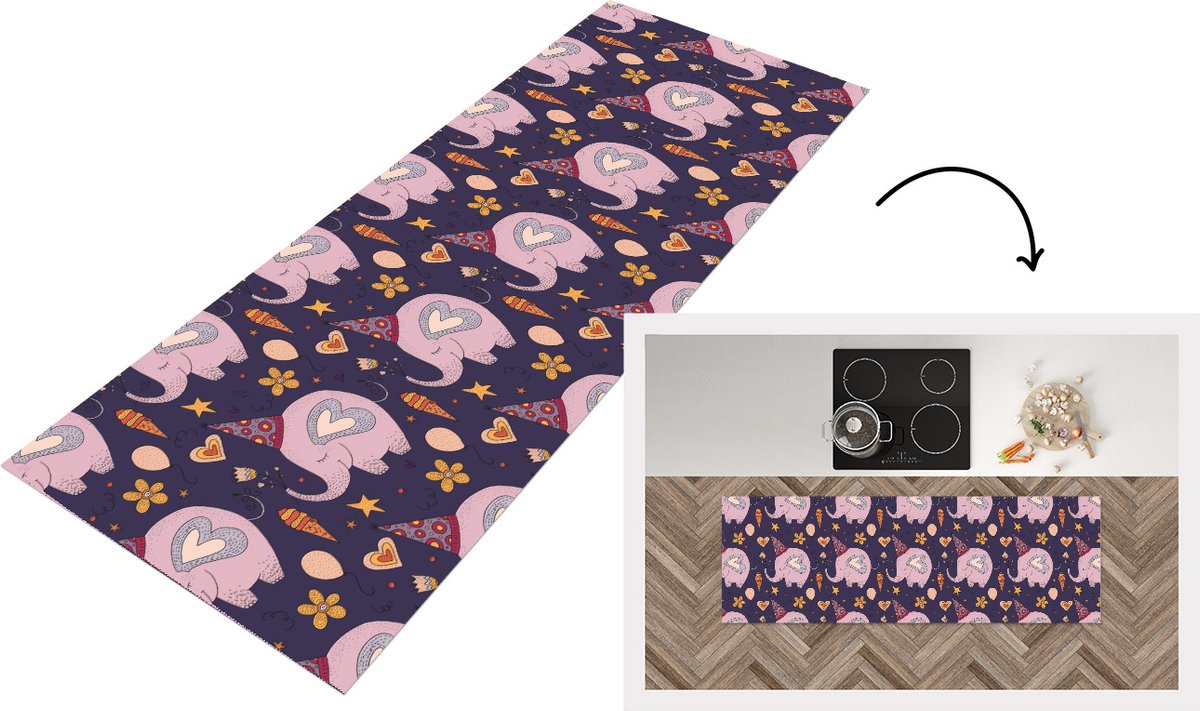 Keukenloper - Loper keuken - Verjaardag - Olifant - Bloemen - Patronen - 150x50 cm - Keuke