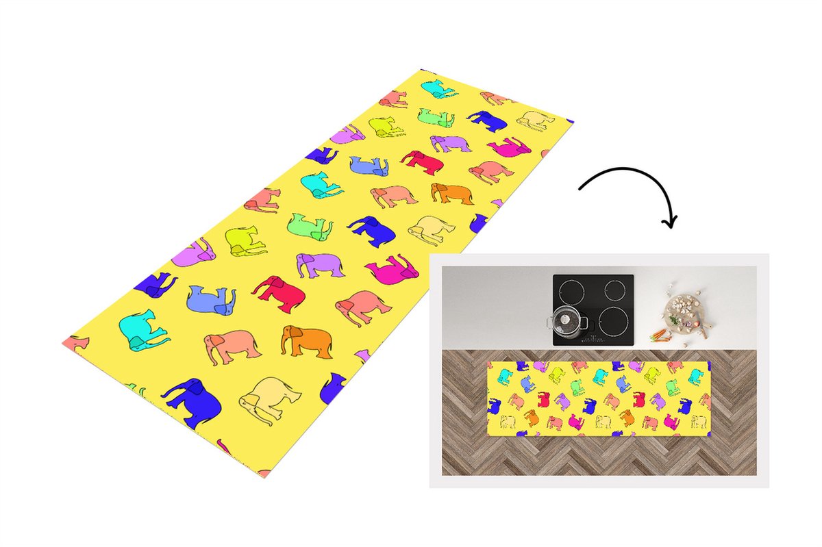 KitchenYeah Keukenloper - Loper keuken - Olifant - Geel - Patronen - 180x60 cm - Keukenloper vinyl Multicolor