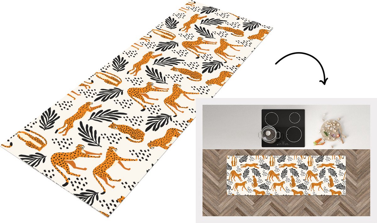KitchenYeah Keukenloper - Loper keuken - Patronen - Bladeren - Jachtluipaard - 150x50 cm - Keukenloper vinyl Multicolor