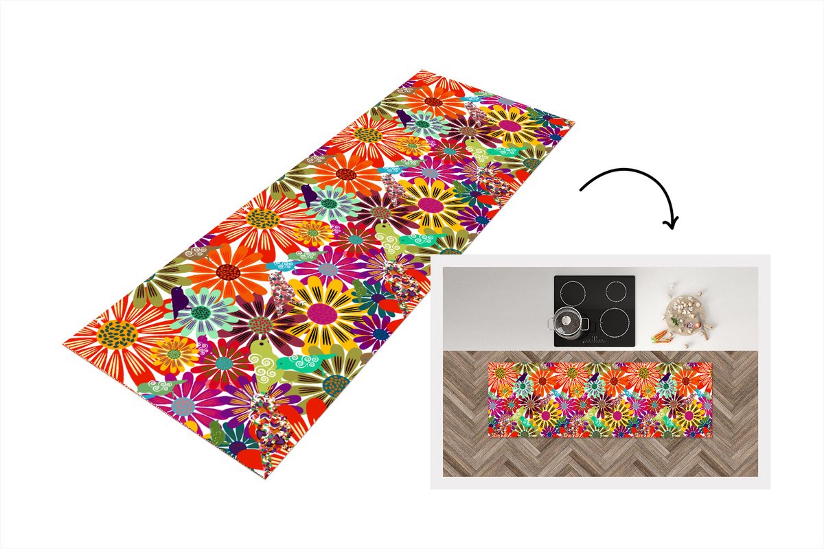 KitchenYeah Keukenloper - Loper keuken - Regenboog - Bloemen - Patronen - Hippie - 150x50 cm - Keukenloper vinyl Multicolor