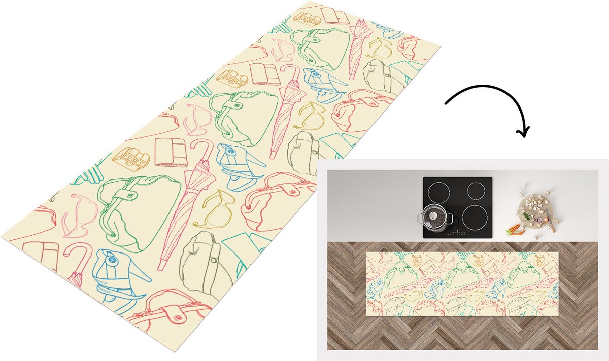 KitchenYeah Keukenloper - Loper keuken - Pastel - Tas - Kleren - Patronen - 150x50 cm - Keukenloper vinyl Multicolor
