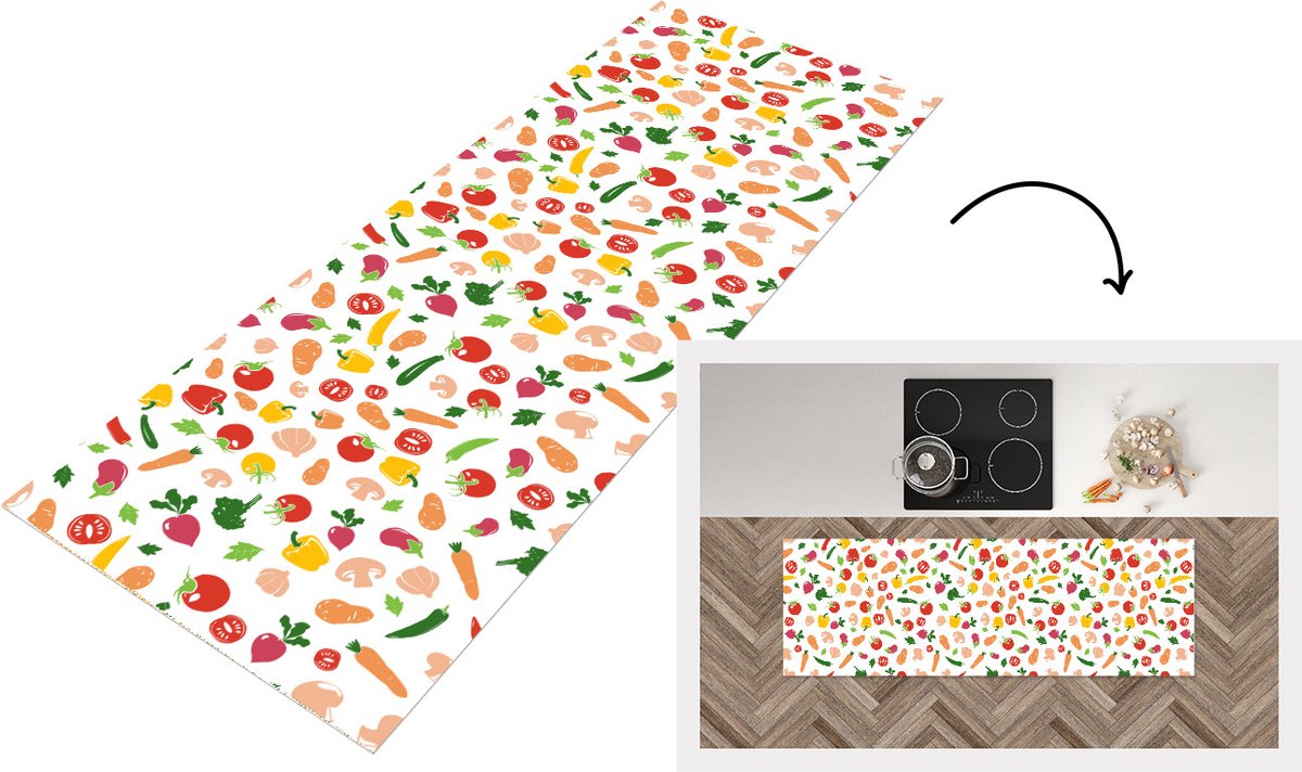 KitchenYeah Keukenloper - Loper keuken - Groenten - Regenboog - Vegan - Patroon - 150x50 cm - Keukenloper vinyl Multicolor