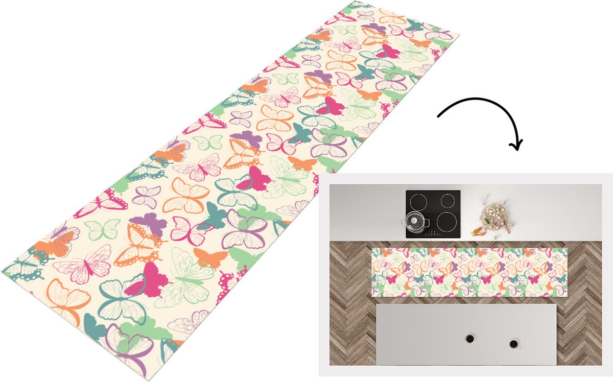 KitchenYeah Keukenloper - Loper keuken - Vlinders - Patronen - Insecten - 200x50 cm - Keukenloper vinyl Multicolor