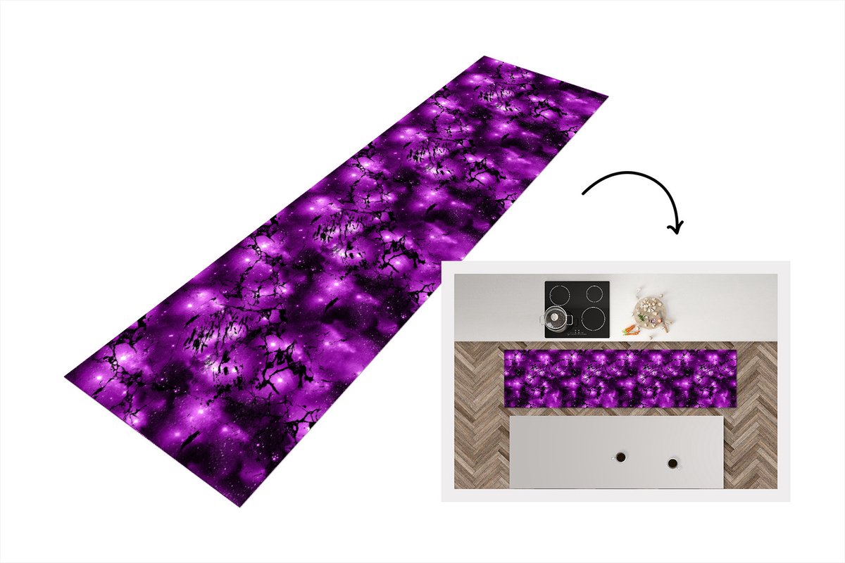 KitchenYeah Keukenloper - Loper keuken - Sterrenhemel - Marmer - Paars - Zwart - Patronen - 240x60 cm - Keukenloper vinyl Multicolor