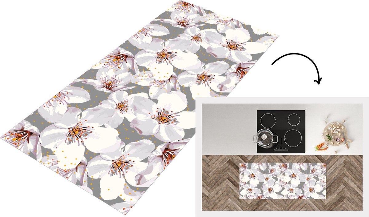 KitchenYeah Keukenloper - Loper keuken - Bloemen - Sakura - Patronen - 120x50 cm - Keukenloper vinyl Multicolor