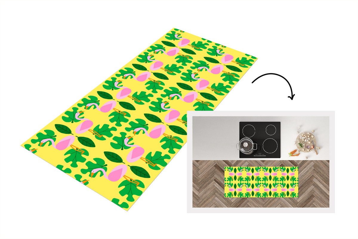 KitchenYeah Keukenloper - Loper keuken - Flamingo - Planten - Dieren - Patroon - 120x50 cm - Keukenloper vinyl Multicolor