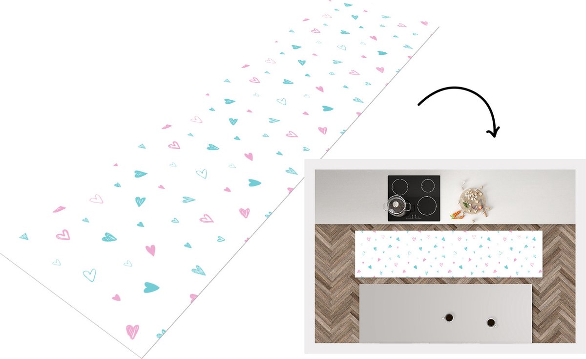 KitchenYeah Keukenloper - Loper keuken - Hartjes - Patronen - Pastel - 200x50 cm - Keukenloper vinyl Multicolor
