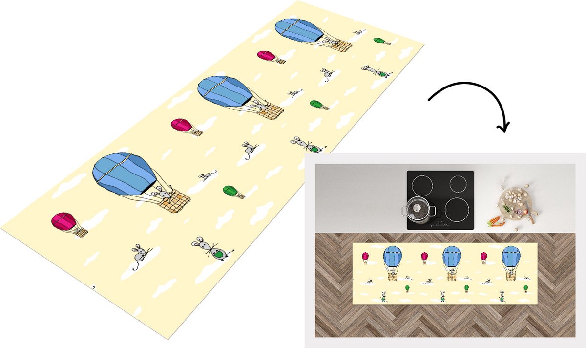 KitchenYeah Keukenloper - Loper keuken - Patroon - Muis - Luchtballon - 150x50 cm - Keukenloper vinyl Multicolor