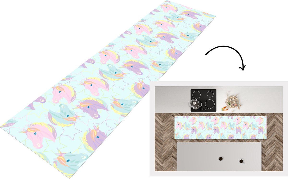 KitchenYeah Keukenloper - Loper keuken - Unicorn - Sterren - Patronen - 200x50 cm - Keukenloper vinyl Multicolor