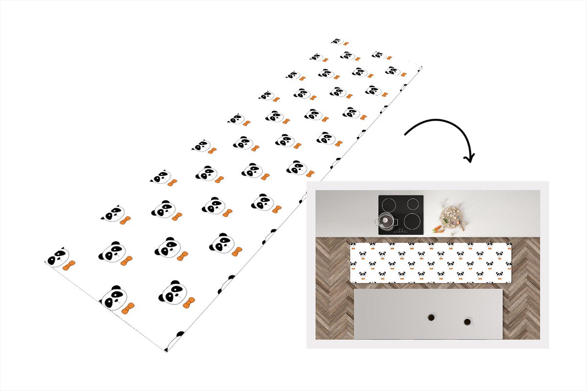 KitchenYeah Keukenloper - Loper keuken - Panda - Zwart - Wit - Patroon - 240x60 cm - Keukenloper vinyl Multicolor